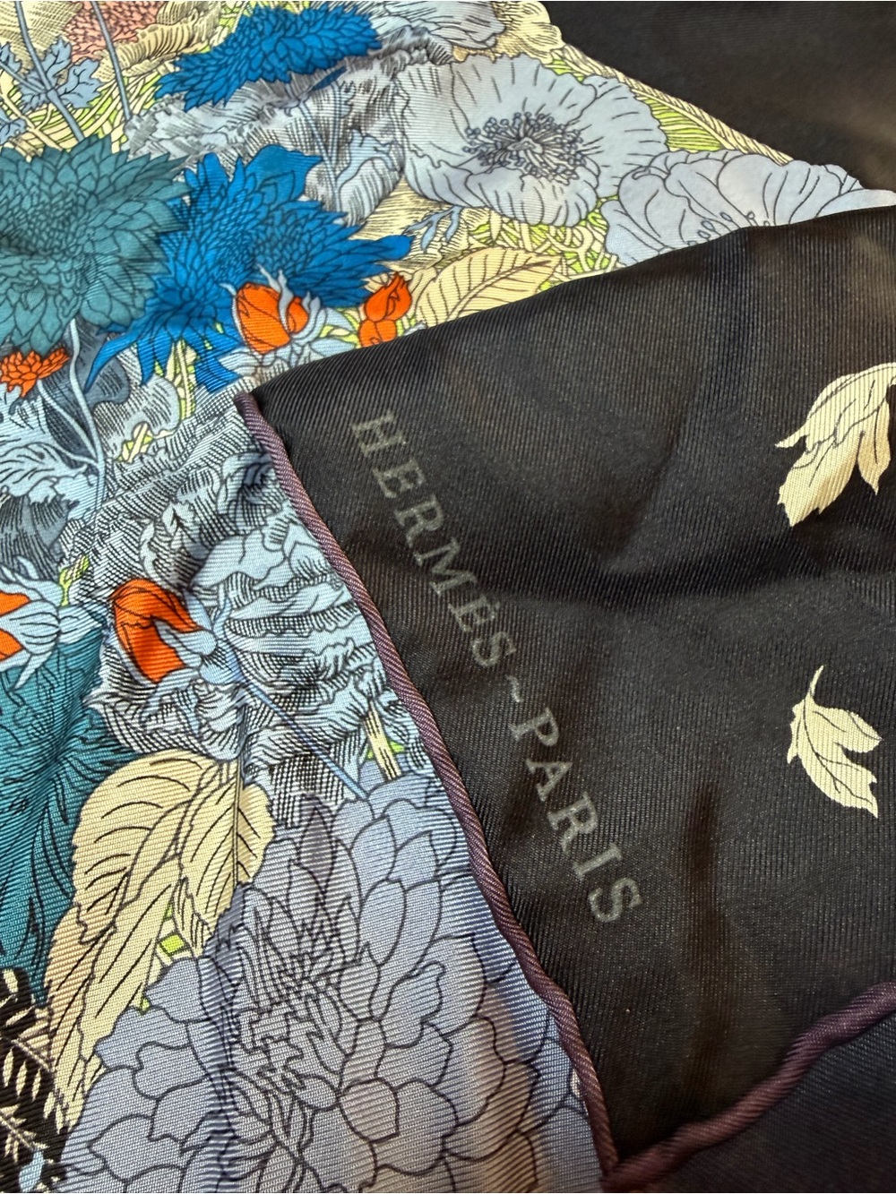 Hermes Black Scarf with Multicolor Floral Horse Motif - Picture 2 of 3